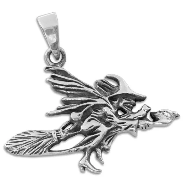 Anhänger Für Damen|Silber Anhänger|Elfen Schmuck Anhänger Hexe mit Katze und Vogel auf Besen 925 Silber