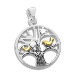 Anhänger Für Damen|Silber Anhänger|Elfen Schmuck Bicolor Zirkonia Anhänger mit Baum des Lebens und Vögeln 925 Silber
