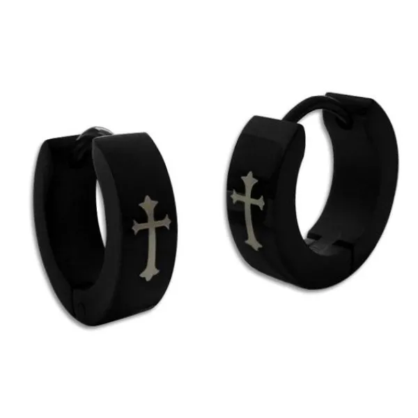Klapp-creolen|Klapp-creolen|Elfen Schmuck Edelstahl Klapp-Creolen schwarz mit Kreuzen