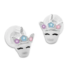 Ohrstecker|Silber Ohrstecker|Elfen Schmuck Einhorn Ohrstecker mit Blumenkranz 925 Silber