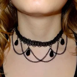 Damenketten|Elfen Schmuck Gothic Halsband mit Spitze und Perlen schwarz