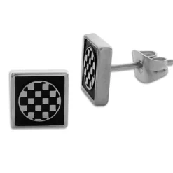 Ohrstecker|Ohrstecker|Elfen Schmuck Herren Ohrstecker Edelstahl eckig mit Schachbrett Muster schwarz