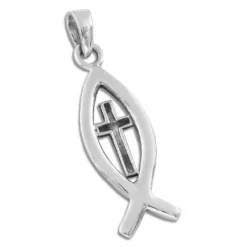 Anhänger Für Herren|Anhänger Für Damen|Elfen Schmuck Jesus-Zeichen Anhänger Fisch-Symbol mit Kreuz 925 Silber
