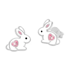 Ohrstecker|Silber Ohrstecker|Elfen Schmuck Kaninchen Ohrstecker mit rosa Herz und Strass Stein 925 Silber