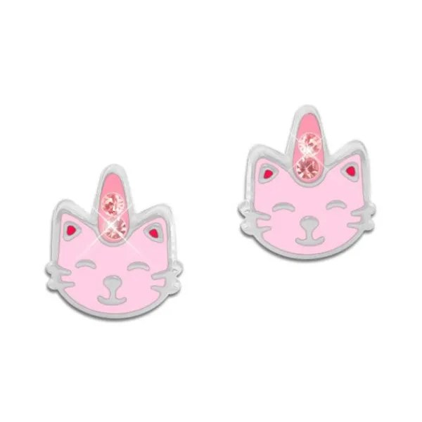 Ohrstecker|Silber Ohrstecker|Elfen Schmuck Katzen Einhorn Ohrstecker rosa mit Strass 925 Silber