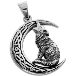 Anhänger Für Herren|Anhänger Für Damen|Elfen Schmuck Keltischer Anhänger Wolf im Mond 925 Silber