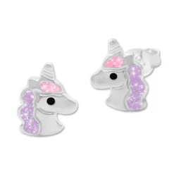Ohrstecker|Silber Ohrstecker|Elfen Schmuck Kinder Glitzer Ohrringe mit Einhorn lila rosa 925 Silber
