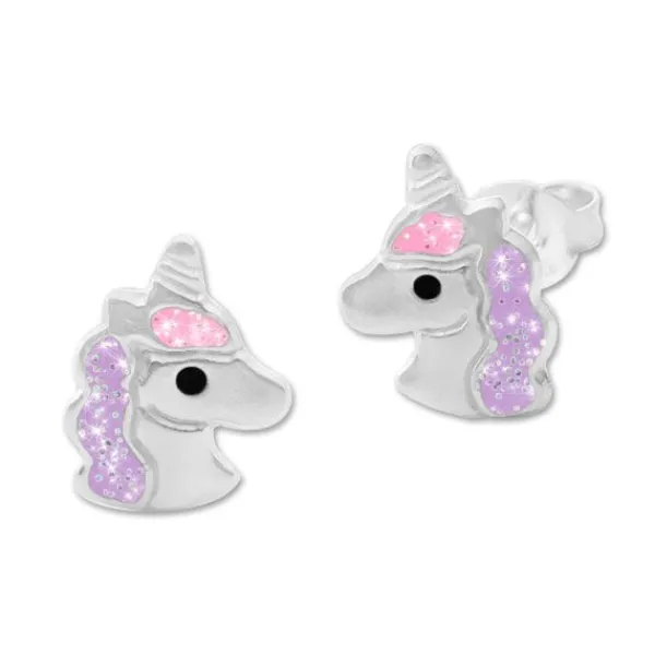 Ohrstecker|Silber Ohrstecker|Elfen Schmuck Kinder Glitzer Ohrringe mit Einhorn lila rosa 925 Silber