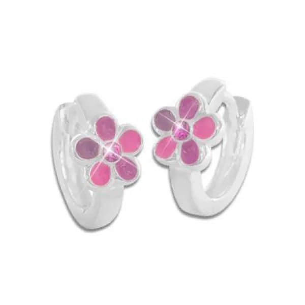 Klapp-creolen|Silber Klapp-Creolen|Elfen Schmuck Kinderohrringe Creolen mit Blumen rosa 925 Silber