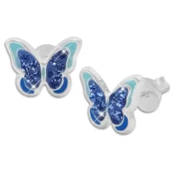 Ohrstecker|Silber Ohrstecker|Elfen Schmuck Kinder Ohrringe mit Schmetterlingen und blauem Strass 925 Silber