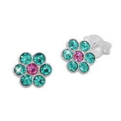 Ohrstecker|Silber Ohrstecker|Elfen Schmuck Kinder Ohrstecker Blumen mit Kristallen in türkis und pink 925 Silber