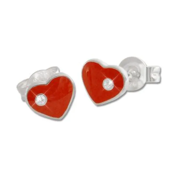 Ohrstecker|Silber Ohrstecker|Elfen Schmuck Kinder Ohrstecker Herz rot mit Strass Stein 925 Silber