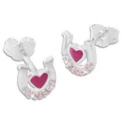 Ohrstecker|Silber Ohrstecker|Elfen Schmuck Kinder Ohrstecker Hufeisen mit Herz und rosa Zirkonia 925 Silber