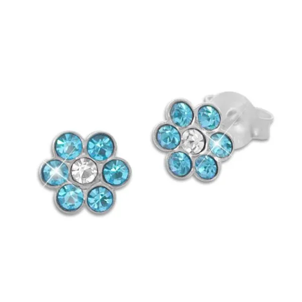 Ohrstecker|Silber Ohrstecker|Elfen Schmuck Kinder Ohrstecker Kristall Blume hellblau und weiß 925 Silber