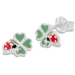 Ohrstecker|Silber Ohrstecker|Elfen Schmuck Kinder Ohrstecker Marienkäfer auf Kleeblatt 925 Silber