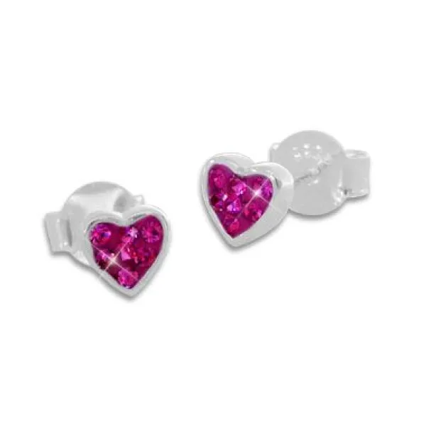 Ohrstecker|Silber Ohrstecker|Elfen Schmuck Kinder Strass Ohrstecker Herz fuchsia pink 925 Silber