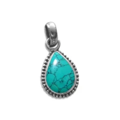 Anhänger Für Damen|Edelstein Anhänger In Silber|Elfen Schmuck Kleiner Türkis Tropfen Anhänger mit filigranem Rand 925 Silber