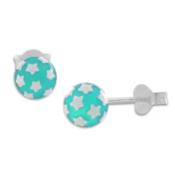 Ohrstecker|Ohrstecker|Elfen Schmuck Kugel Ohrstecker neon blau mit weißen Sternen 925 Silber