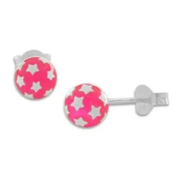Ohrstecker|Ohrstecker|Elfen Schmuck Kugel Ohrstecker neon rosa mit weißen Sternen 925 Silber