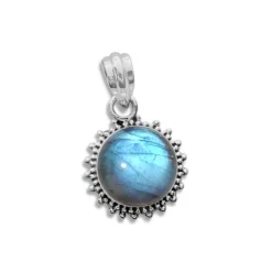 Anhänger Für Damen|Edelstein Anhänger In Silber|Elfen Schmuck Labradorit Anhänger kleine runde Sonne mit filigranem Rand 925 Silber