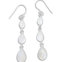 Ohrhänger|Edelstein Ohrringe|Elfen Schmuck Lange Mondstein Ohrringe mit 3 Tropfen 925 Silber