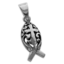 Anhänger Für Herren|Anhänger Für Damen|Elfen Schmuck Massiver Fisch-Symbol mit Kreuz Anhänger 925 Silber