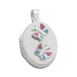 Anhänger Für Kinder|Silber Anhänger|Elfen Schmuck Medaillon für Kinder mit 2 lackierten Schmetterlingen 925 Silber