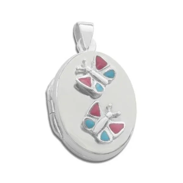 Anhänger Für Kinder|Silber Anhänger|Elfen Schmuck Medaillon für Kinder mit 2 lackierten Schmetterlingen 925 Silber