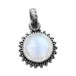 Anhänger Für Damen|Edelstein Anhänger In Silber|Elfen Schmuck Mondstein Anhänger runde Sonne mit filigranem Rand 925 Silber