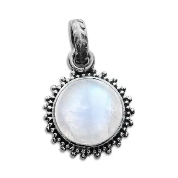 Anhänger Für Damen|Edelstein Anhänger In Silber|Elfen Schmuck Mondstein Anhänger runde Sonne mit filigranem Rand 925 Silber