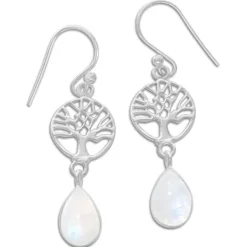 Ohrhänger|Edelstein Ohrringe|Elfen Schmuck Mondstein Ohrringe mit Lebensbaum und Tropfen 925 Silber