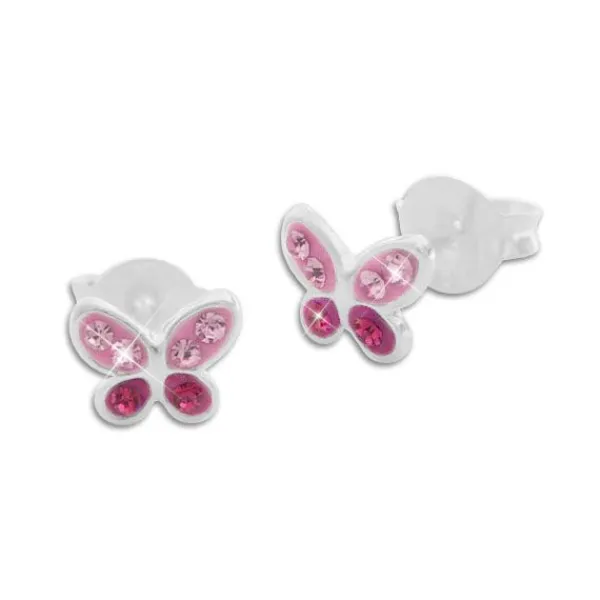 Ohrstecker|Silber Ohrstecker|Elfen Schmuck Ohrringe mit Schmetterlingen und Strass rosa / pink 925 Silber