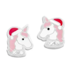 Ohrstecker|Silber Ohrstecker|Elfen Schmuck Ohrstecker Einhorn mit Weihnachtsmütze und Strass Steinen 925 Silber