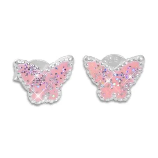 Ohrstecker|Silber Ohrstecker|Elfen Schmuck Ohrstecker für Kinder Schmetterlinge rosa mit Glitzer 925 Silber