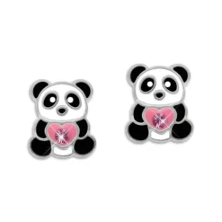 Ohrstecker|Silber Ohrstecker|Elfen Schmuck Panda Ohrstecker mit rosa Herz und Strass Kristallen 925 Silber