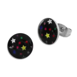 Ohrstecker|Ohrstecker|Elfen Schmuck Runde Ohrstecker bunte Sterne auf schwarz 10 mm Edelstahl