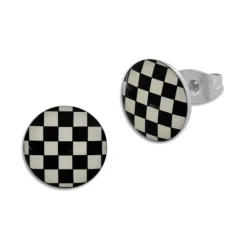 Ohrstecker|Ohrstecker|Elfen Schmuck Runde Ohrstecker Schachbrett schwarz cremeweiß 10 mm Edelstahl