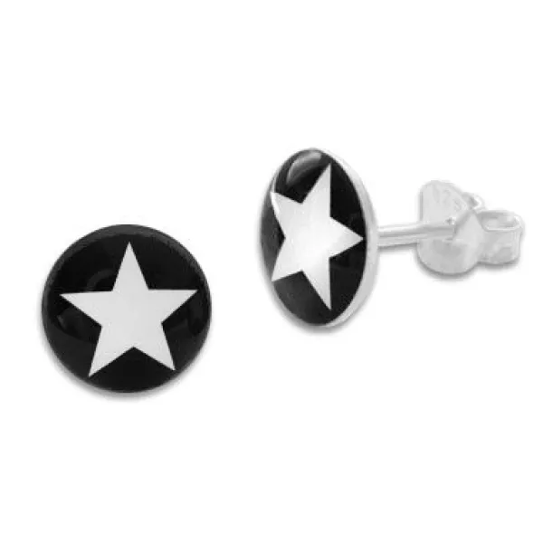 Ohrstecker|Ohrstecker|Elfen Schmuck Runde Ohrstecker weißer Stern auf schwarz 925 Silber