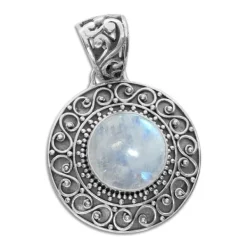 Anhänger Für Damen|Edelstein Anhänger In Silber|Elfen Schmuck Runder Mondsteinanhänger mit filigranem Design 925 Silber
