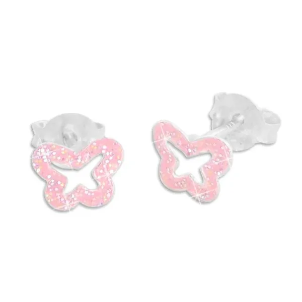 Ohrstecker|Silber Ohrstecker|Elfen Schmuck Schmetterlings Ohrstecker für Kinder rosa mit Glitzer 925 Silber
