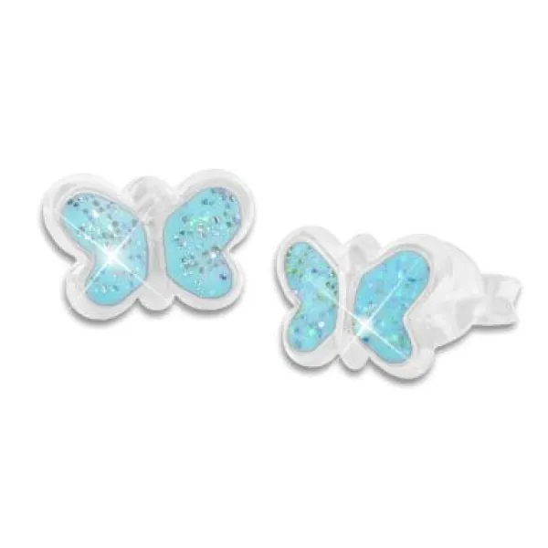Ohrstecker|Silber Ohrstecker|Elfen Schmuck Schmetterlings Ohrstecker mit Glitzer und hellblauem Lack 925 Silber