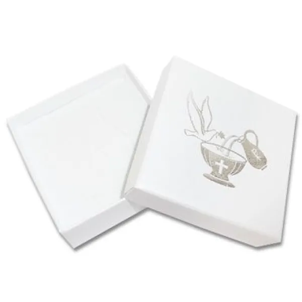 Anhänger Etuis|Ohrring Etuis|Elfen Schmuck Schmucketui für Taufringe weiß-silber mit Taube 55 x 55 x 25 mm