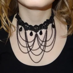Damenketten|Elfen Schmuck Schwarzes Gothic Collier Perlen Halsband mit Spitze