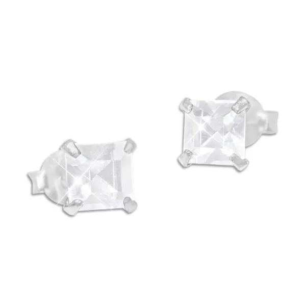 Ohrstecker|Ohrstecker|Elfen Schmuck Strass Ohrstecker viereckig weiß 4 x 4 mm 925 Silber