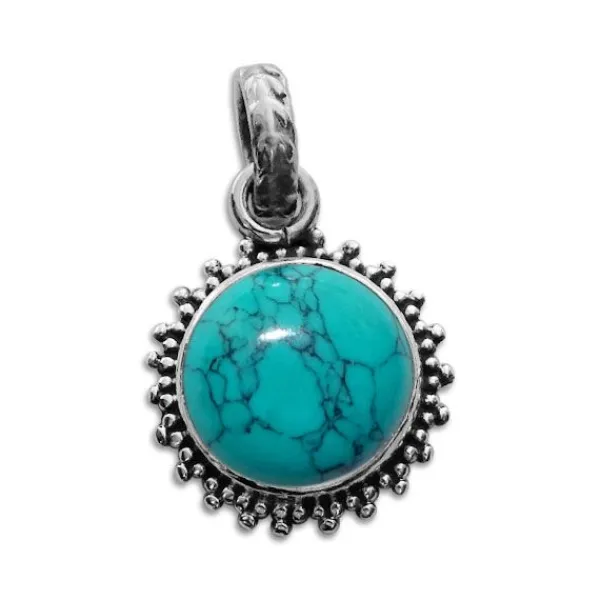 Anhänger Für Damen|Edelstein Anhänger In Silber|Elfen Schmuck Türkis Anhänger runde Sonne mit filigranem Rand 925 Silber