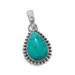 Anhänger Für Damen|Edelstein Anhänger In Silber|Elfen Schmuck Türkis Anhänger Tropfen mit filigranem Rand 925 Silber