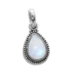 Anhänger Für Damen|Edelstein Anhänger In Silber|Elfen Schmuck Tropfen Mondstein Anhänger mit filigranem Rand 925 Silber
